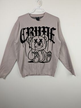 Crinkle Bear Graphic Crewneck Sweater - Taupe/Black